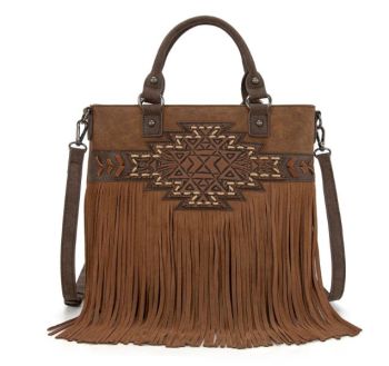 TR196G-8317 BR Trinity Ranch Aztec Tooled Fringe Concealed Carry Tote