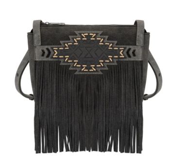 TR196-8287 BK Trinity Ranch Aztec Tooled Fringe Crossbody