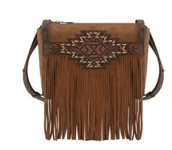 TR196-8287 BR Trinity Ranch Aztec Tooled Fringe Crossbody
