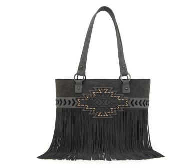 TR196G-8317 BK Trinity Ranch Aztec Tooled Fringe Concealed Carry Tote