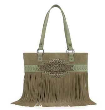 TR196G-8317 GN Trinity Ranch Aztec Tooled Fringe Concealed Carry Tote