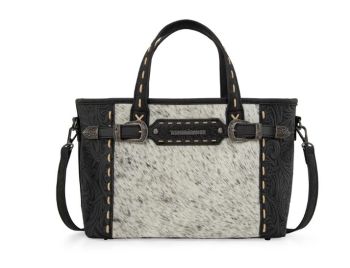 TR199-8122BK Trinity Ranch Genuine Hair-On Cowhide Tooled Tote/Crossbody