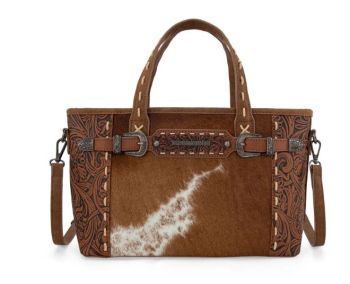 TR199-8122BR Trinity Ranch Genuine Hair-On Cowhide Tooled Tote/Crossbody
