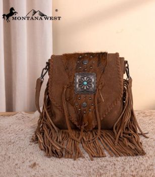 TR201-8360BR Trinity Ranch Fringe Hair-On Cowhide Crossbody
