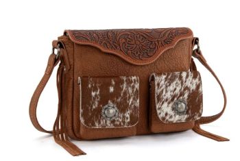 TR203-8360BR Trinity Ranch Genuine Hair-On Cowhide Tooled Collection Crossbody