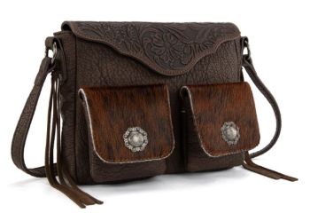 TR203-8360CF Trinity Ranch Genuine Hair-On Cowhide Tooled Collection Crossbody