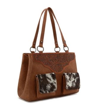 TR203G-8600BR Trinity Ranch Genuine Hair-On Cowhide Tooled Collection Concealed Carry Tote