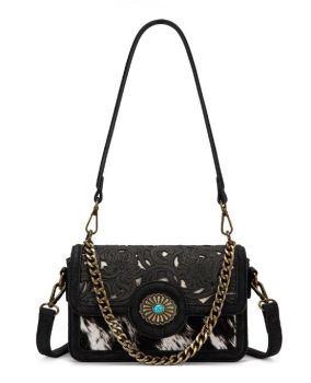 TR205-888BK Trinity Ranch Cowhide Floral Cutout Crossbody Bag