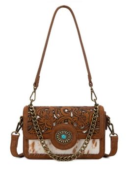 TR205-888BR Trinity Ranch Cowhide Floral Cutout Crossbody Bag