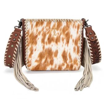 TR207-8360BR Trinity Ranch Cowhide Fringe Crossbody Bag