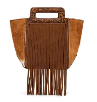 TR208-8366BR Trinity Ranch Fringe Cowhide Tote Bag