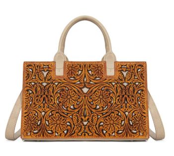 TR214-8802BR Trinity Ranch Floral Tooled Leather Western Satchel Tote Bag