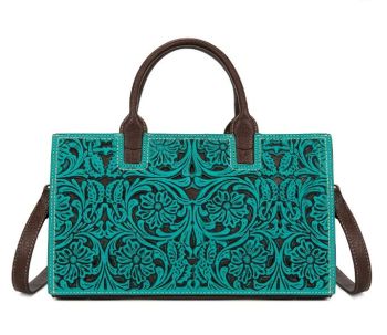 TR214-8802TQ Trinity Ranch Floral Tooled Leather Western Satchel Tote Bag