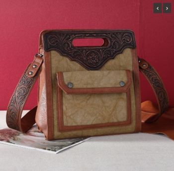 TRF1047G-8119 BR Trinity Ranch Top Handle Tooled Concealed Carry Tote/Crossbody