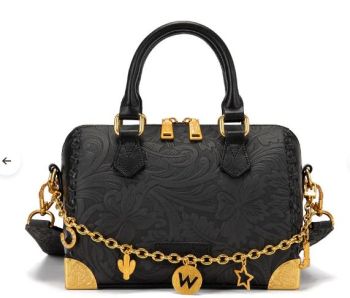 WG541-6661-BK Wrangler Genuine Leather Tooled Floral Boston Crossbody Bag with Charm Chain