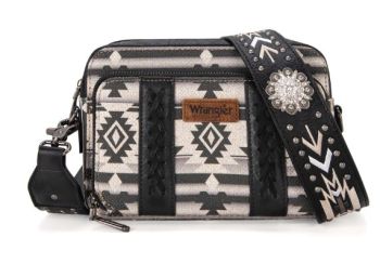 WG2207-3003 BK  Wrangler Aztec Printed Crossbody Purse With Wallet Compartment