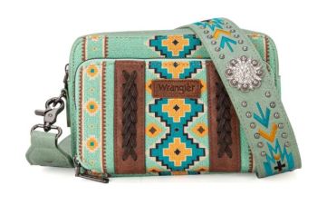 WG2207-3003 GN  Wrangler Aztec Printed Crossbody Purse With Wallet Compartment