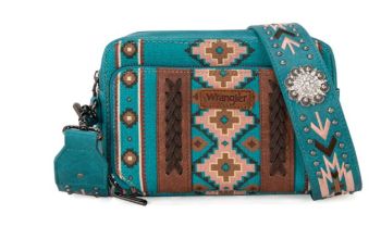 WG2207-3003 TQ  Wrangler Aztec Printed Crossbody Purse With Wallet Compartment