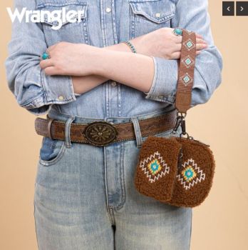 WG263-W077BR Wrangler Sherpa Embroidered Aztec Dual Pouch Wristlet