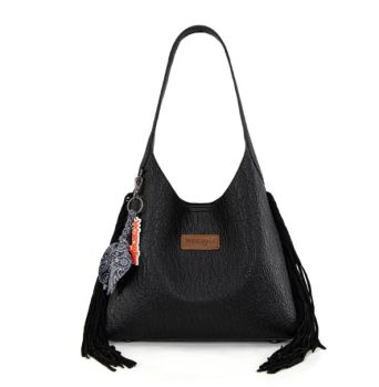 WG279-9182BK Wrangler Fringe Floral Tooled Hobo Bag