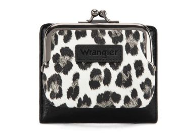 WG366-W116BK Wrangler Western Leopard Print Small Bi-Fold with Kiss Clasp Coin Purse