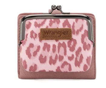 WG366-W116DPK Wrangler Western Leopard Print Small Bi-Fold with Kiss Clasp Coin Purse