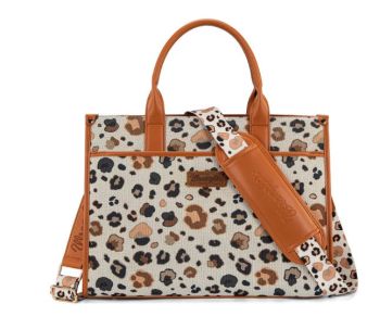 WG436-8119BR Wrangler Leopard Print Canvas Oversized Tote with Adjustable Strap