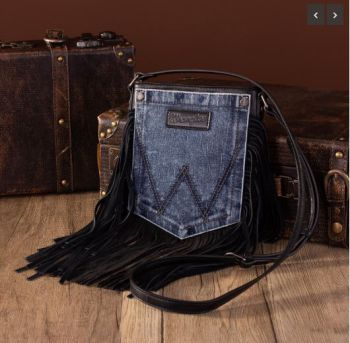WG44-8360 BKB  Wrangler Leather Fringe Jean Denim Pocket Crossbody