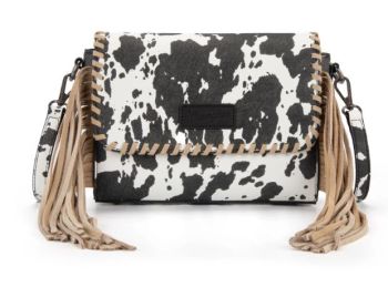 WG444-1818BK Wrangler Cow Print Fringe Crossbody Bag
