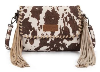 WG444-1818CF Wrangler Cow Print Fringe Crossbody Bag