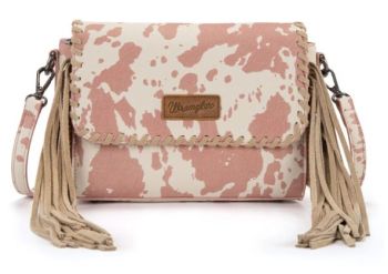 WG444-1818DPK Wrangler Cow Print Fringe Crossbody Bag