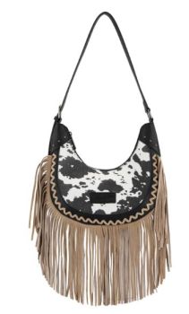 WG444-818BK Wrangler Cow Print Fringe Shoulder Hobo Bag 