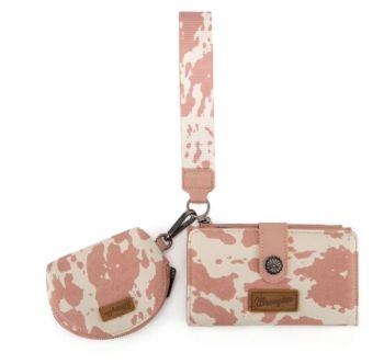 WG444-W129DPK Wrangler Cow Print Wallet & Coin Pouch Wristlet Set