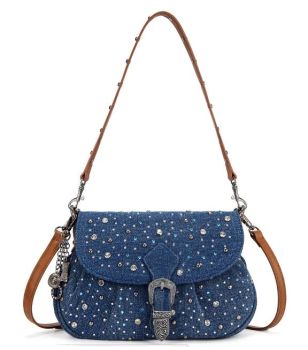 WG458-818DJN Wrangler Western Rhinestone Denim Flap Crossbody Shoulder Bag