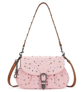 WG458-818PK Wrangler Western Rhinestone Denim Flap Crossbody Shoulder Bag