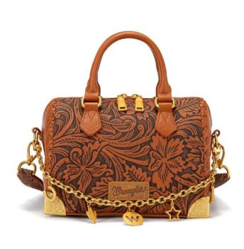 WG541-6661-BR Wrangler Genuine Leather Tooled Floral Boston Crossbody Bag with Charm Chain