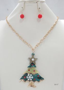YNE5140GD XMAS TREE LONG NECKLACE SET 32"