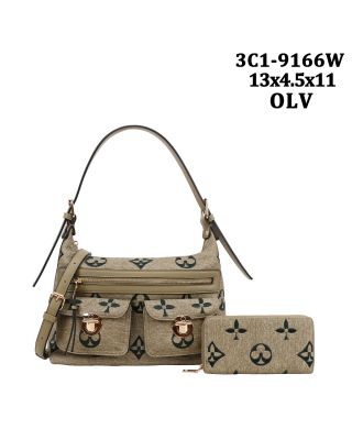 3C1-9166W OLV HOBO DESIGNER BAG WITH WALLET