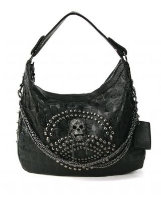 80397UB BK Studded Skull Hobo Bag 