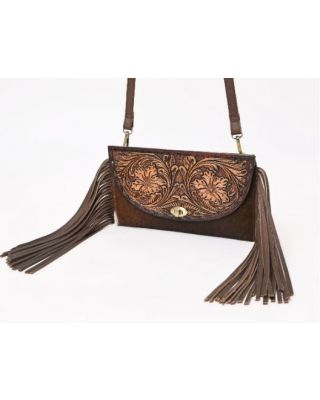 A&A-845A BR  Montana West Tooled Leather Hair-On Cowhide Fringe Crossbody