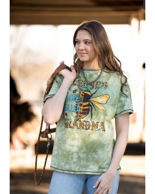 AB-T3003GN(Prepack 7 Pcs) GN Women Tie Dye “Blessed Grandma” Bee Graphic Short Sleeve Relaxed Fit Tee