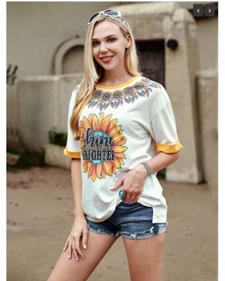 AB-T6010WT （Prepack 7 Pcs）Sunflower With Rhinestones Women Short Sleeve T-Shirt