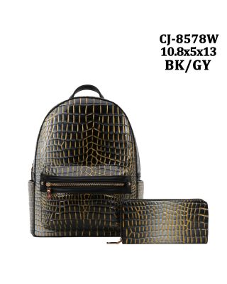 CJ-8578W BK/GY PATTERN CROCO BACKPACK WITH WALLAET