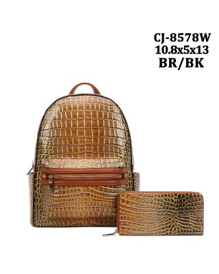 CJ-8578W BR/BK PATTERN CROCO BACKPACK WITH WALLAET