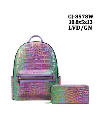 CJ-8578W LVD/GN PATTERN CROCO BACKPACK WITH WALLAET