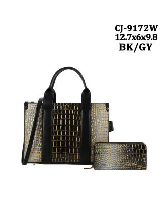 CJ-9172W BK/GY CROCO DESIGNER BAG WITH WALLET