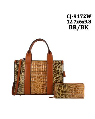 CJ-9172W BR/BK CROCO DESIGNER BAG WITH WALLET