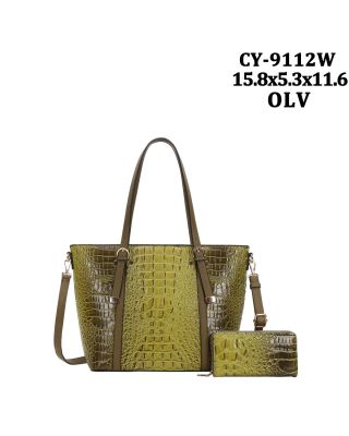 CY-9112W OLV CROCO SHOPPING BAG WITH WALLET