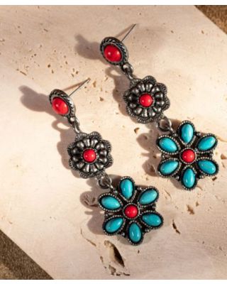 ER- 1006 RD Concho Dangle Earring With Turquoise Stones