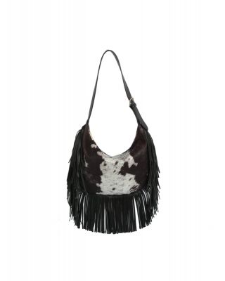 JY-0569 BK COW PRINTED FRINGE HOBO BAG